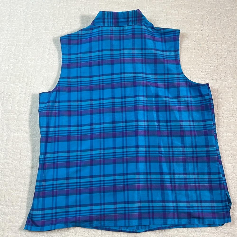 Notations silk blue purple plaid sleeveless collared button down blouse L - Picture 6 of 6